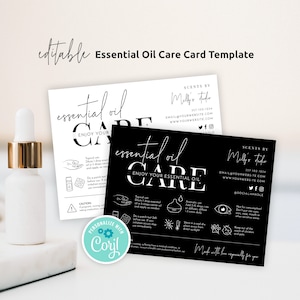 May include: Two black and white essential oil care cards with instructions on how to use essential oils. The cards have a modern minimalist design with a handwritten font. The text on the cards reads "essential oil care enjoy your essential oil".