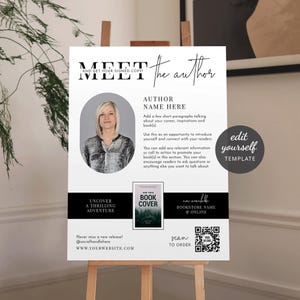 May include: A white poster with black text that says "Meet the Author" and features a photo of a woman. The poster also includes the text "Author Name Here", "Uncover a Thrilling Adventure", "Add Your Book Cover", "New Release Bookstore Name & Online", "Scan to Order", and "Never miss a new release! @socialhandlehere www.yourwebsite.com".