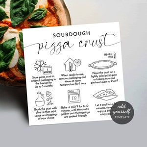 Mall för minimalistisk pizzabottenvård, anpassade förvaringsinstruktioner för surdegsbotten av pizzabotten, svartvitt, utskrivbar bageriguide 2,5x2,5" M-004