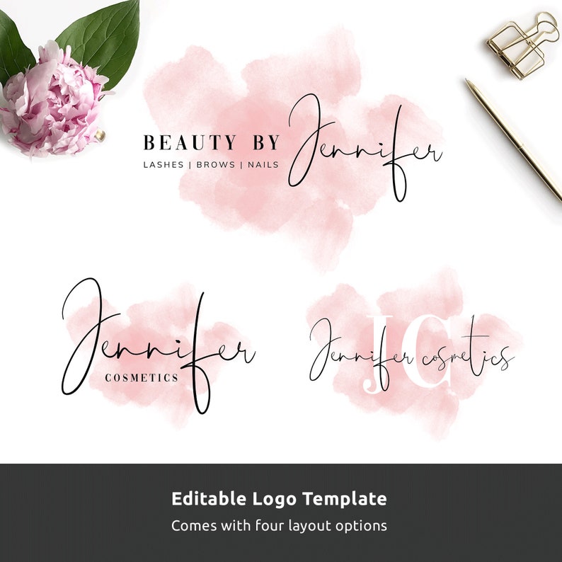 Elegant signature font logo template with pink waterbrush background. The logo pack includes three logo layouts, all have waterbrush background and a cursive font style, perfect for any feminine business or small boutique