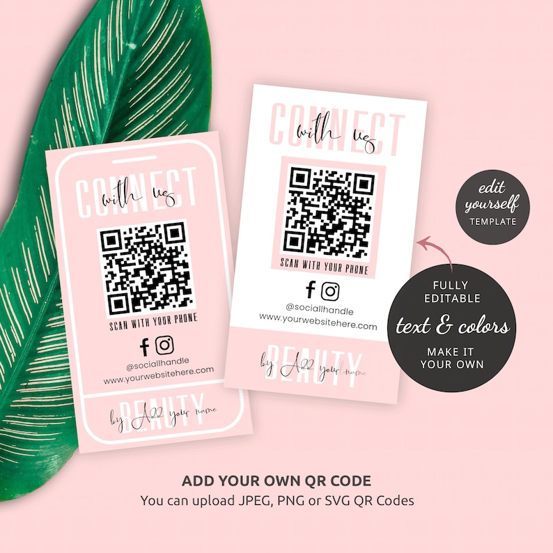 Social Media QR Code Business Cards Template, Editable Connect With Us QR Code Cards, Printable Follow Us Cards Feminine Pink Design, P01 image 3