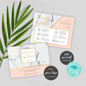 May include: A pink and white marble background with a gold frame around a white rectangle with the text "SCENTS by Michelle" and contact information. The text "ADD your logo IF YOU WISH" is in a gold circle on a pink background. A teal circle with the text "PERSONALIZE WITH Cory!" is on a white background.