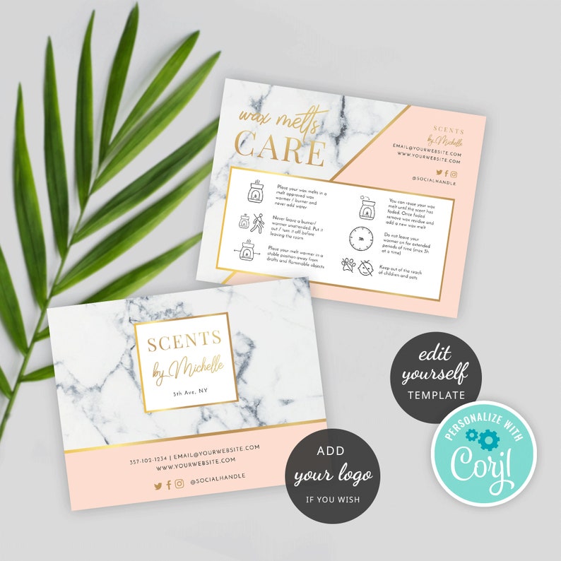 May include: A pink and white marble background with a gold frame around a white rectangle with the text "SCENTS by Michelle" and contact information. The text "ADD your logo IF YOU WISH" is in a gold circle on a pink background. A teal circle with the text "PERSONALIZE WITH Cory!" is on a white background.