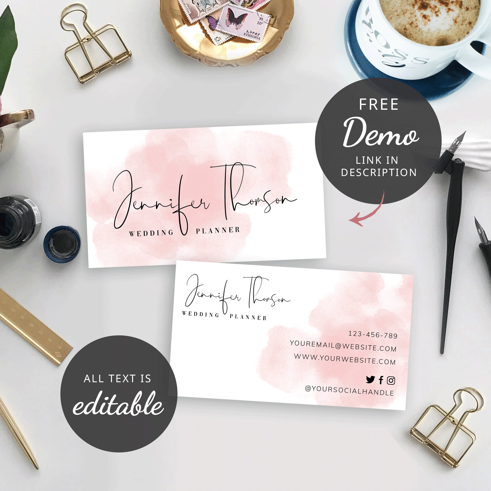 Editable Business Card Template, Printable Business Cards, Watercolor Business  Card Design, Feminine Business Card Template, Instant, WS01 