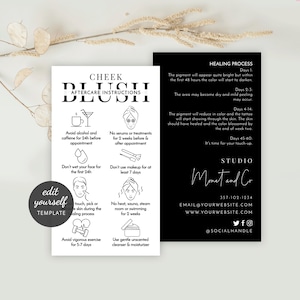 Sjabloon Wang Blush Tattoo Nazorg, Minimalistische Wang Blozen & Tint Onderhoudsinstructies Gids, Aangepaste PMU-onderhoudskaarten afdrukbaar, M-002