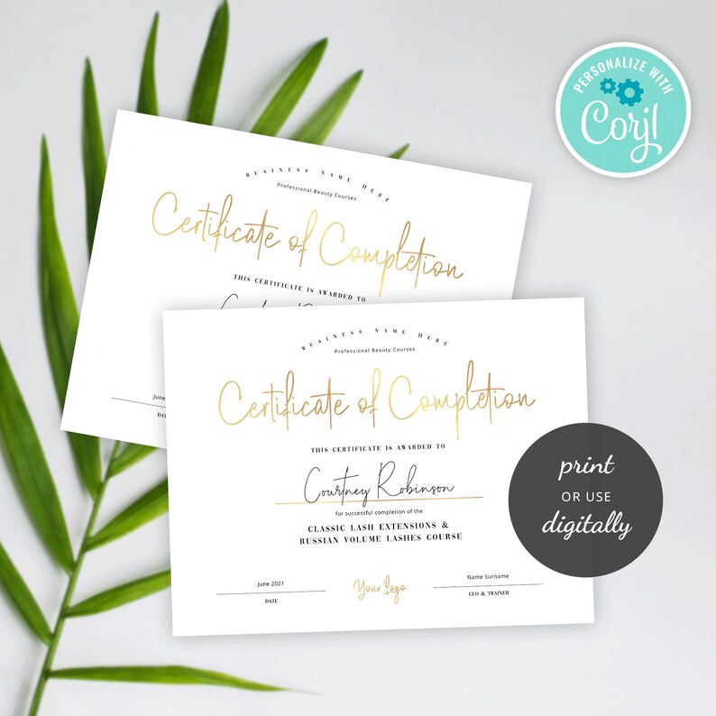 DIY Certificate of Completion Template, Printable Beauty Course Certificate, Lashes Award Template, Faux Gold Effect, Instant Access, GF-01 image 5