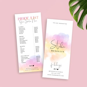 May include: A pink and white price list for a beauty salon called "Studio Monellin" with services and prices listed for lashes, brows, waxing, and treatments. The salon is located at 5th Ave. Manhattan. The price list has a watercolor background with a pink, yellow, and blue color scheme.