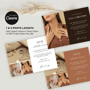 Szablon Canva ulotki marketingowej dla biżuterii, ulotka informująca o wprowadzeniu nowej kolekcji ze zdjęciami, neutralny beżowy projekt, niestandardowa cyfrowa ulotka biznesowa 5x7"