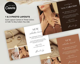 Smyckesmarknadsföringsflyer Canva-mall, lanseringsflyer för ny kollektion med foton, neutral beige design, anpassad digital företagsflyer 5x7"