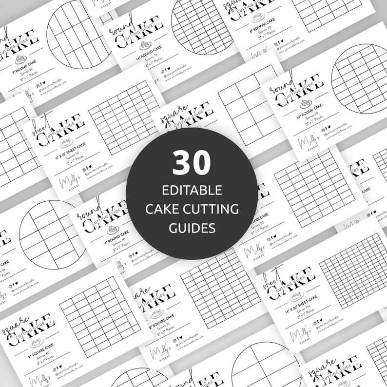 May include: A set of 30 printable cake cutting guides for round, square, and sheet cakes. The guides are black and white and feature a simple design with grid lines. The guides are editable and can be used to cut cakes into various sizes and shapes.