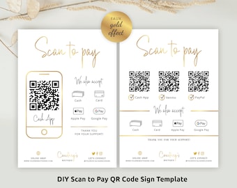 Plantilla personalizada de código QR para escanear para pagar, blanco y dorado, letrero de pago comercial escaneable de 5 x 7" y 8 x 10", póster imprimible para pagar con el teléfono GF-01