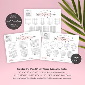May include: Printable cake cutting guide with grids and circles for different cake sizes. Includes guides for 4-14 inch round and square cakes, 9x13 to 18x26 inch sheet cakes, and tiered cake serving sizes. The guide is 8.5 inches by 11 inches.