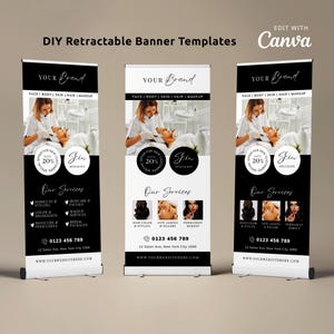 Op de afbeelding: Drie zwart-witte oprolbanners met informatie over schoonheidsdiensten. Elke banner toont de tekst "Your Brand" en "Skin Specialists". De banners tonen diensten zoals haar knippen, gezichtsbehandelingen en make-up.