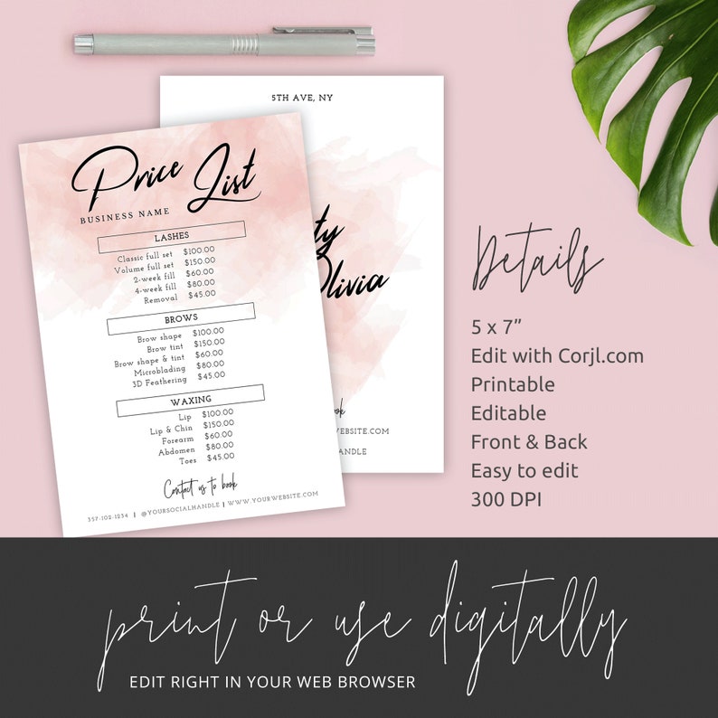 Pink Watercolor Editable Price List, Instant Printable Menu Template ...
