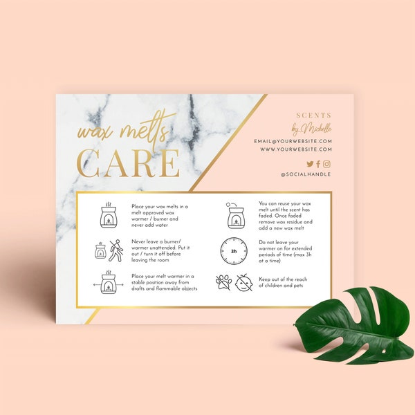 DIY Wax Melts Care Guide, Marble & Gold Wax Melt Care Cards, Editable Safety Instructions Template, Printable Wax Melt Care Note, Corjl MG01