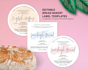 Bread Bakery Cottage Law Labels Template, Feminine Watercolor, DIY Food License Stickers Round & Square, Home Bakery Packaging Design PW-001