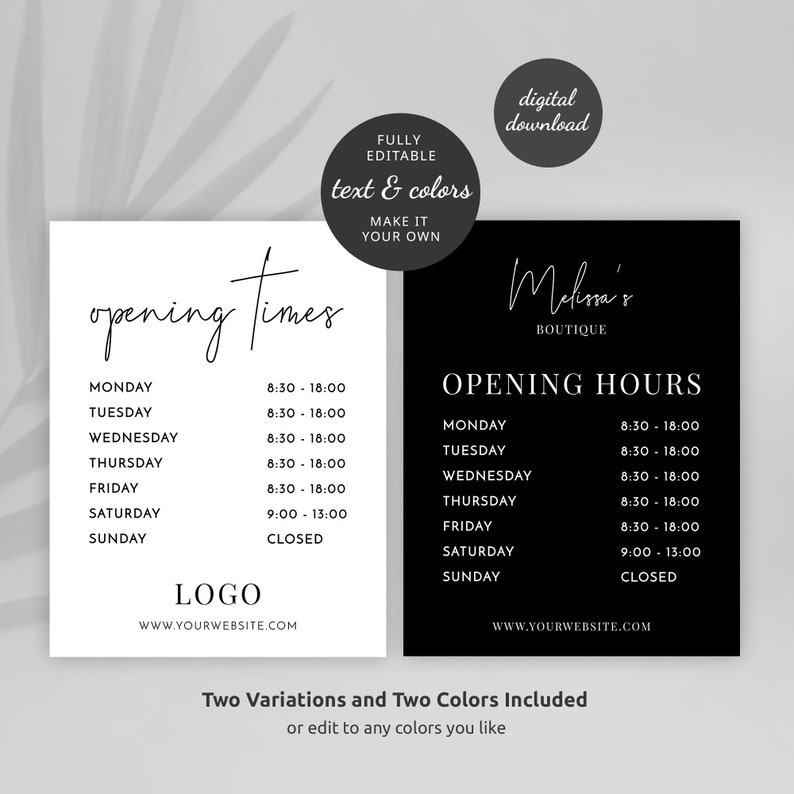 Opening Hours Sign Template, Minimalist Shop Window Decal Printable ...