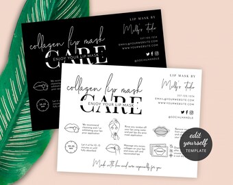 May include: Black and white printable care instructions for a collagen lip mask. The instructions include steps for preparing your lips, applying the mask, and removing the mask. The text includes the phrase "Enjoy your lip mask".