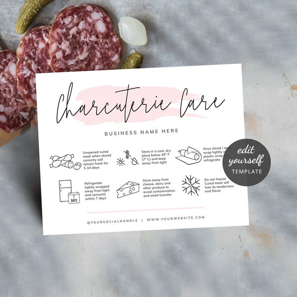 Charcuterie Care Card Template, Custom Cured Meat Storage Instructions, Pink Watercolor, Modern Bakery Cards, Deli Meats Care Guide, PW-001