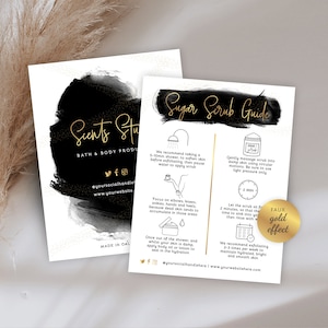 Zuckerpeeling Anleitung, Black & Gold Körperpeeling Pflegekarte, Benutzerdefinierte Hautpolierer Anwendungsanleitung, druckbare Karten BW-001