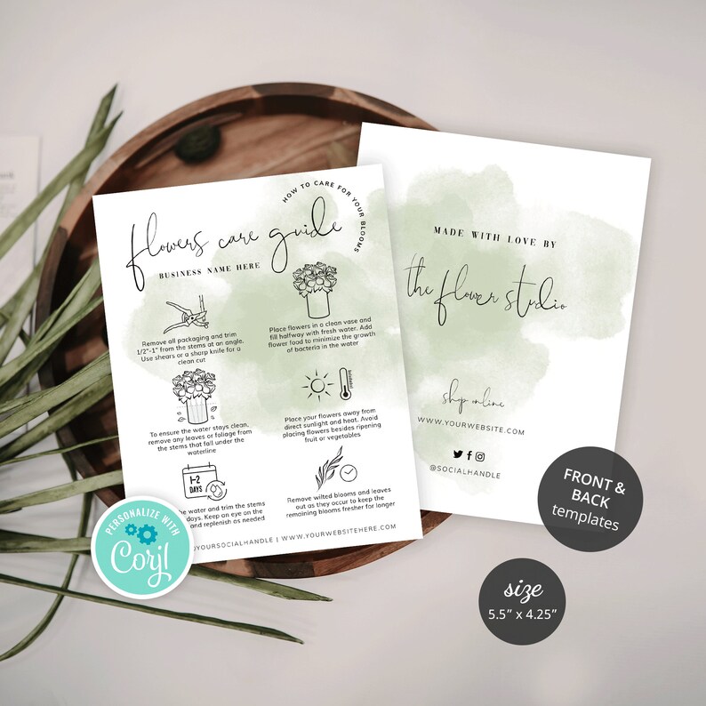 Cut Flowers Care Card Template Editable Florist Bouquet Care Etsy