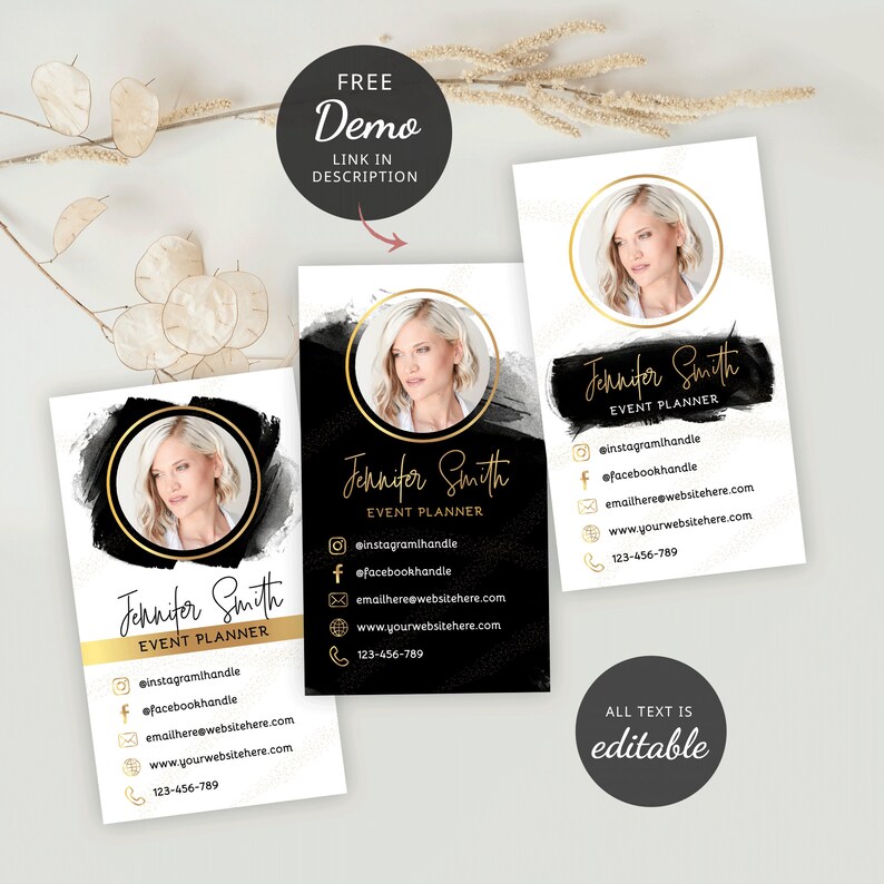May include: Black and gold business card template with a woman's headshot, the text "Jennifer Smith Event Planner", and social media handles. The text "All text is editable" is at the bottom of the card.