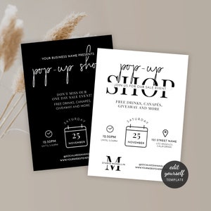 Szablon ulotki sklepu Pop Up, zaproszenie marketingowe na minimalistyczny rynek rzemieślniczy, ulotka promocyjna dla małych firm DIY, cyfrowe zaproszenie na dzień targowy M-002