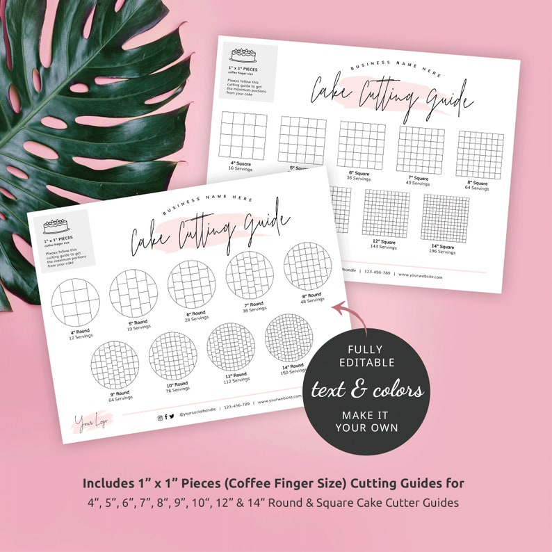 Cake Cutting Guides 1x1" Portion, Printable Round & Square Cakes Cutting Instructions, Finger Serving Cake Cutting Diagram Template, PW-001 image 2