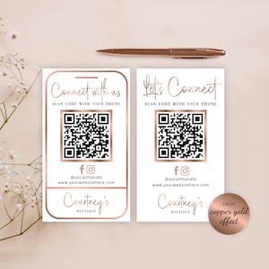 Roségold-QR-Code Visitenkartenvorlage, anpassbare Social-Media-Karten, Sofort-Verbindung mit uns Design, Kupferbronze-GoldVisitenkarte