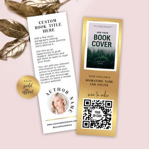 May include: Two gold-coloured bookmarks with white text and a pink background. One bookmark has a space for a book title and author photo. The other has a space for a book cover image and a QR code. The text includes "Custom Book Title Here" and "Add Your Book Cover."