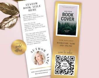 Author Marketing Bookmark Template, Faux Gold, Custom Book Cover Promotion Bookmark, Elegant Writer Book Launch Announcement Card 2x6" GF-01