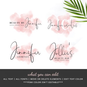 Editable signature logo template with pink watercolour background. This instant logo kit includes four logo variations, all with wet waterbrush design and a handwritten font style. Edit text and use logo for your beauty or other type of business