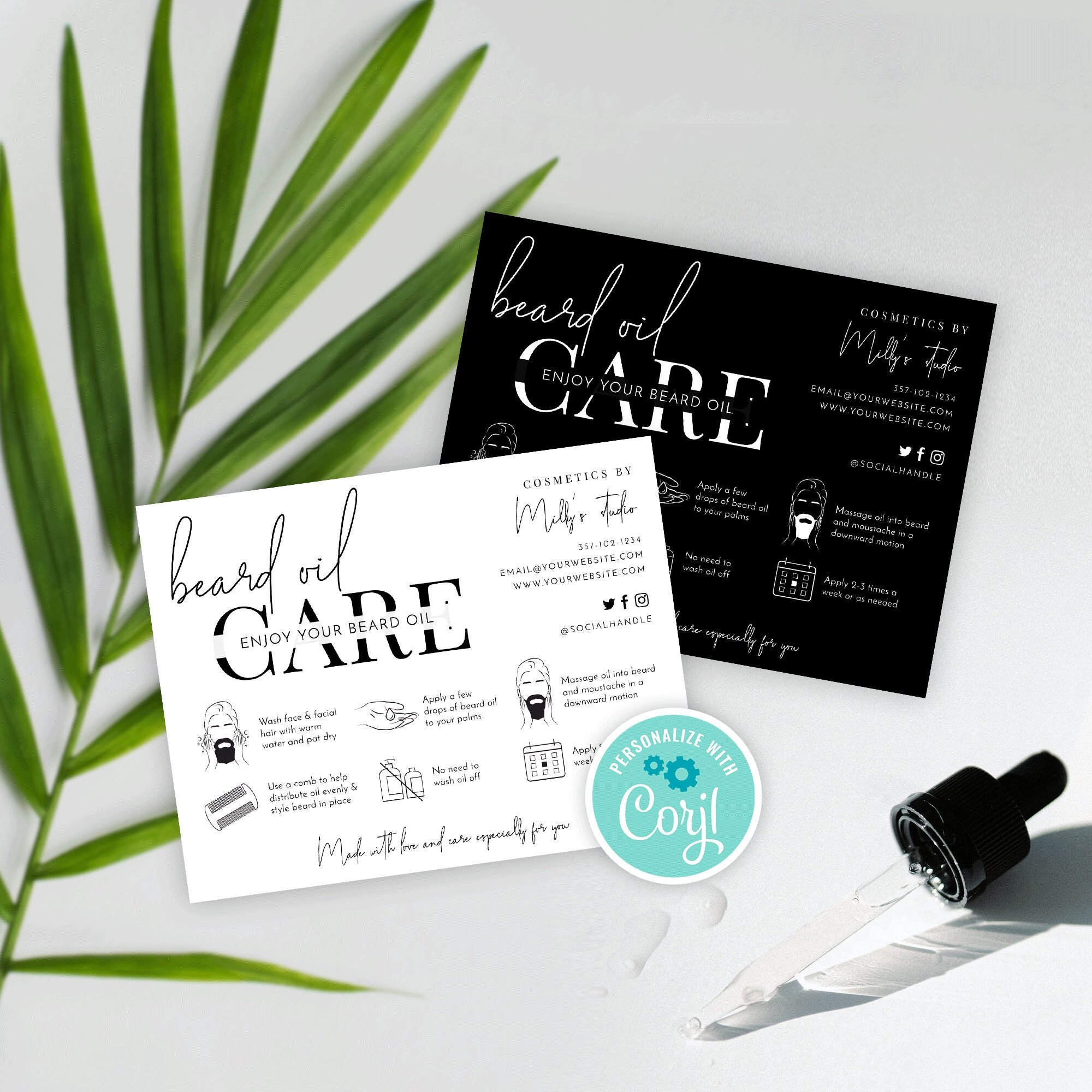 Beard Oil Care Guide, Editable Beard and Moustache Serum Application Instructions, Minimalist ...