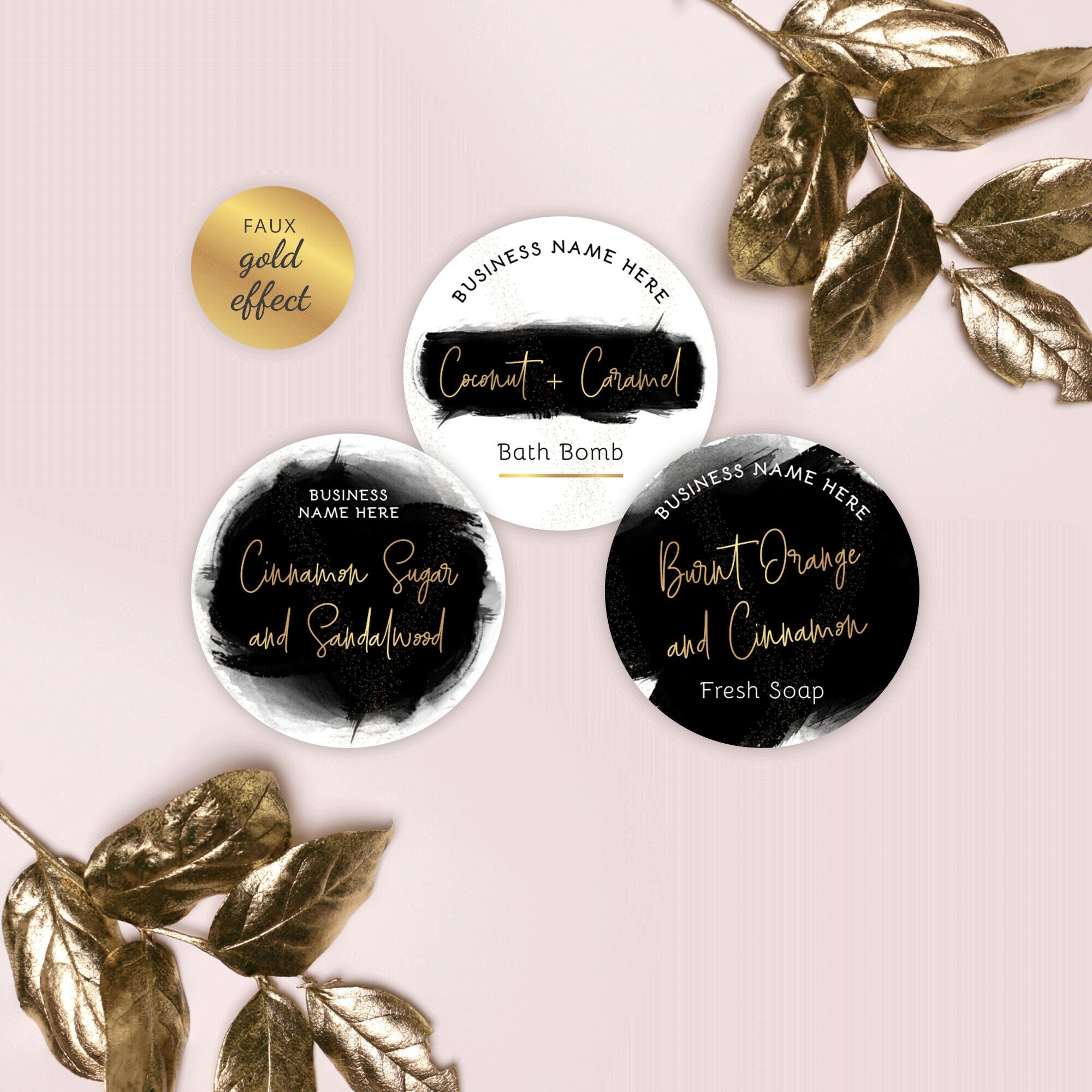 Editable Scent Name Labels Template, Customizable Flavour Food Stickers, 1.5", 2" and 2.5" Circle Product Tag Design, Black & Gold, BW-001