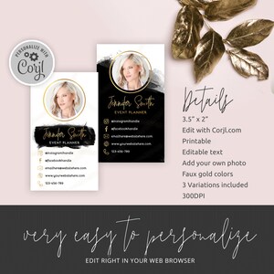 May include: Editable business card template with a black and white background and gold accents. The template features a photo placeholder, space for contact information, and the text "Jennifer Smith, Event Planner".