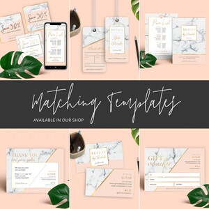 May include: A set of printable templates for a beauty salon or spa business. The templates feature a marble background with gold accents and include a price list, gift voucher, thank you card, and business card.