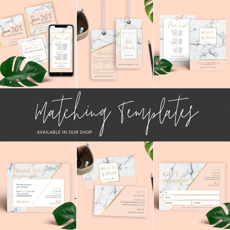 May include: A set of printable templates for a beauty salon or spa business. The templates feature a marble background with gold accents and include a price list, gift voucher, thank you card, and business card.