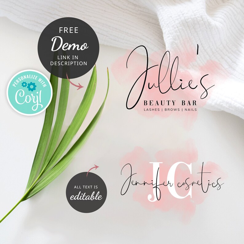 Pu&ograve; includere: Tre design di logo per aziende di bellezza. Il primo logo &egrave; un cerchio nero con il testo "FREE Demo LINK IN DESCRIPTION". Il secondo logo &egrave; un cerchio bianco con uno sfondo turchese e il testo "PERSONALIZE WITH Coril". Il terzo logo &egrave; uno sfondo acquerello rosa con il testo "Jullie's BEAUTY BAR LASHES | BROWS | NAILS" e un quarto logo &egrave; uno sfondo acquerello rosa con il testo "Jennifer Cosmetics" e le lettere "JC" in bianco.