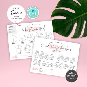 May include: Printable cake cutting guide and tiered cake combinations chart. The guide includes diagrams for cutting round cakes in 6, 8, 12, 16, and 25 servings. The chart shows different cake combinations for serving sizes of 24, 48, 72, 96, 114, 144, and 168 servings.