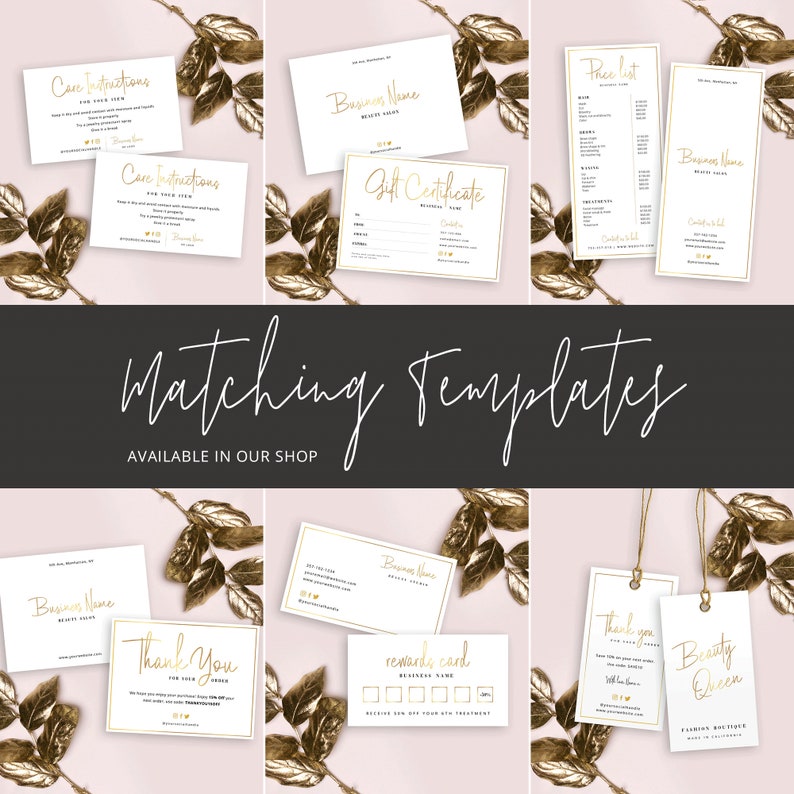 May include: A set of printable templates for a beauty salon business. The templates include a gift certificate, a price list, a thank you card, a rewards card, and a business card. The templates are designed with a gold foil effect and a pink background.