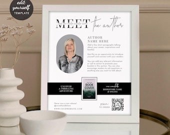 Plantilla de cartel "Conoce al autor" de 8 x 10 pulgadas, póster promocional de libros personalizado, portada minimalista y diseño de pedestal con foto del escritor, M-002