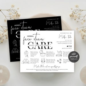 Modèle de carte minimaliste de soins du visage à la vapeur botanique, instructions personnalisées de vapeur du visage à base de plantes, cartes d'instructions imprimables, M-002