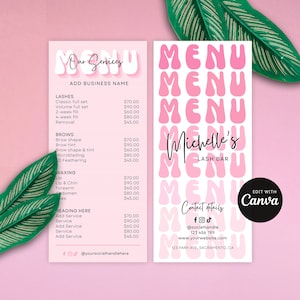 Modelo de menu de preços para negócios retrô do Canva, lista de serviços do salão de beleza rosa moderno, preços de cílios com design moderno, cartão de visita 4x9" PGR1