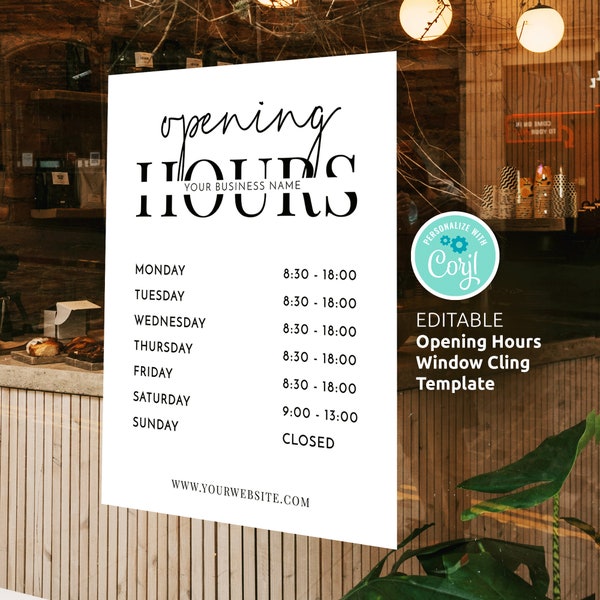 Business Opening Hours Template, Customizable Shop Window Cling Printable, Minimalist Boutique Opening Times Sign 8.5x11" & 18x24", M-002