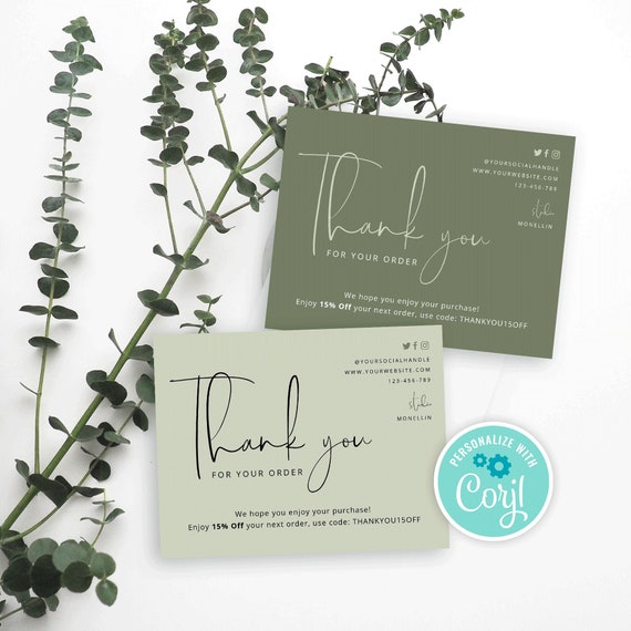 DIY Thank You for Order Cards, Thank You for Purchase Card Template, Printable Package inserts design, Minimalist, Fall, Sage Green, CORJL