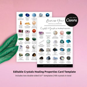Modèle sur toile de propriétés curatives des cristaux, carte modifiable des propriétés des pierres précieuses, guide des significations des cristaux de 5 x 7 po. Imprimable, design minimaliste
