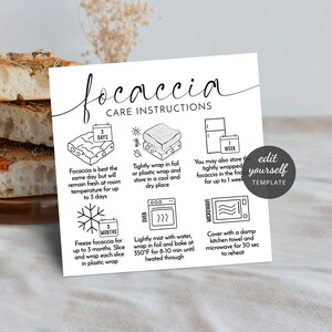 Minimal Focaccia Care Card Template, Custom Sourdough Bread Storage Instructions, Black & White Modern Bakery Guide 2.5x2.5" M-004