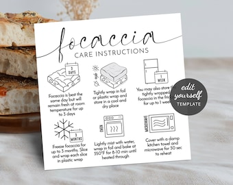 Op de afbeelding: Een witte kaart met zwarte tekst en illustraties met details over de verzorgingsinstructies voor focaccia. De kaart bevat tekst over het bewaren, invriezen en opwarmen van focaccia. De woorden "focaccia" en "care instructions" staan bovenaan.