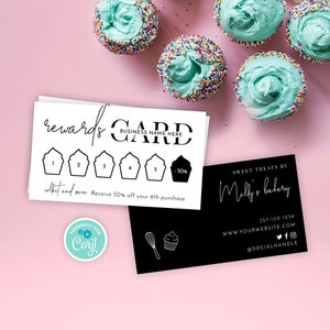 Modelo de cartão fidelidade para cupcakes, cartões de carimbo para padaria, cartão de recompensas para cafeteria minimalista, cartões perfurados com desconto para clientes editáveis, M-002