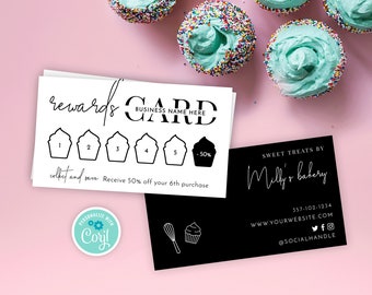 Cupcake Loyalty Card Template, Bakery Stamp Cards, Minimalist Coffee Shop Rewards Card, Editable Customer Discount Punch Cards, M-002
